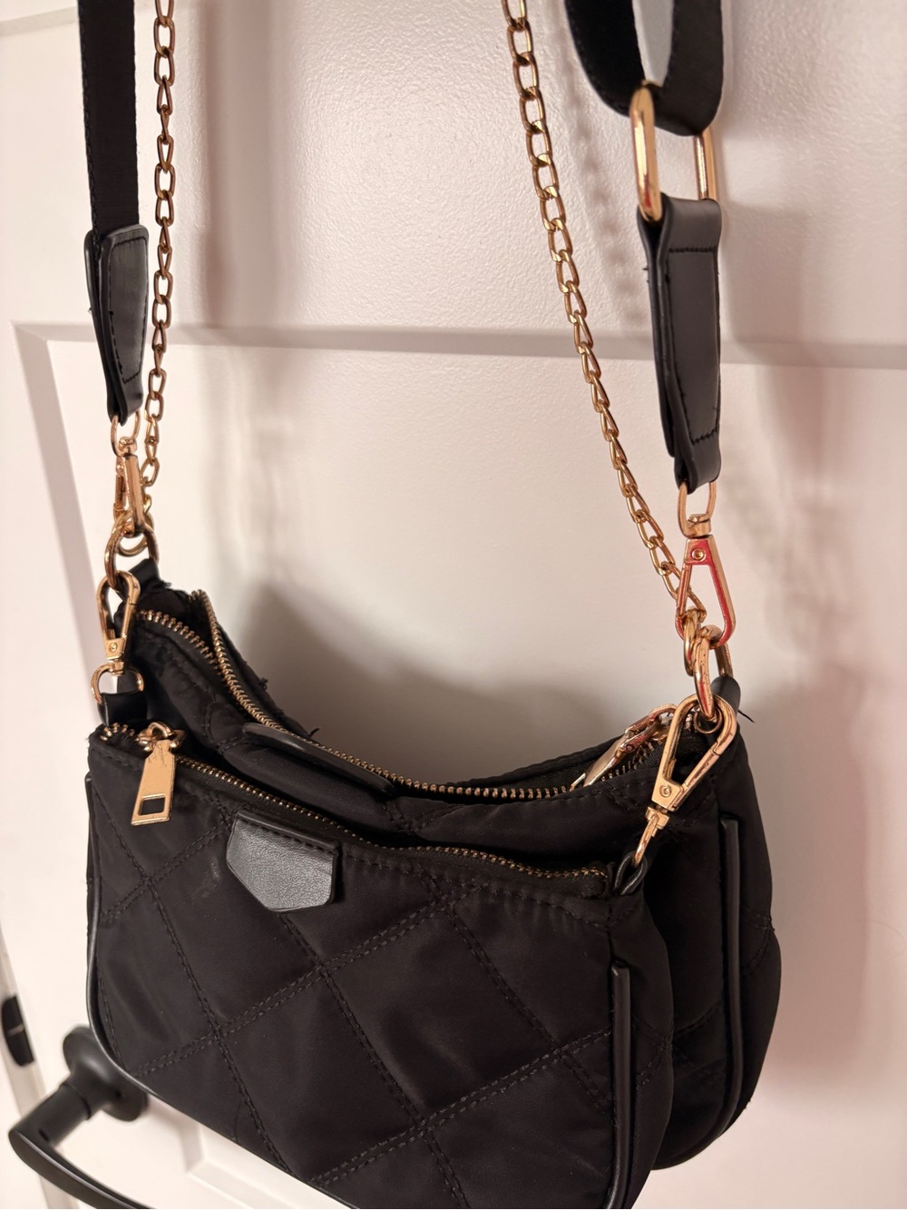 Black Quilted Crossbody Bag with Gold Hardware